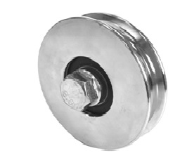 Artículo de acero con acabado zinc consistente en una rueda que incorpora una acanaladura en su canto. Se presenta con unos diámetros comprendidos entre los 58 y los 118 mm y un ancho de 17 mm sin tener en cuenta el eje.
Según declaración del solicitante se destina a instalarse en puertas basculantes.
Acero con acabado en zinc.