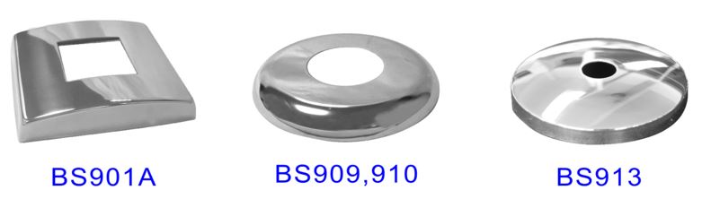 Tapa o embellecedor de acero inoxidable que se presentan con forma circular o rectangular y con una abertura cuadrada o circular en su parte superior.  Las rectangulares se presentan con unas dimensiones de 100 x 90 x 18 mm y la abertura de 40 x 40 mm. Las circulares presentan unos diámetros de 66 o 99 mm con orificios circulares que pueden ser de: 43, 50,8 o 12 mm. Según declaración del solicitante su función es la de tapar otras bases que se atornillan en la construcción de barandillas.
Están hechas de acero inoxidable.