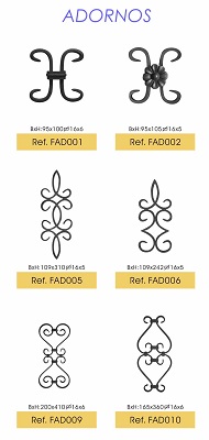 Elementos ornamentales de acero obtenidos por estampación, adornos (FAD) que se incorporan en cancelas, balcones, rejas y otras construcciones metálicas, pero sin formar parte de la estructura.
Se identifican con su denominación y un código que se inicia con las tres letras del artículo (FAD) y otros tres números.