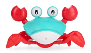 Se trata de un juguete de plástico que representa un animal y funciona con batería recargable con cable USB (cable incluido). Tiene forma de cangrejo que camina de forma lateral de un lado a otro y cuando detecta un obstáculo cambia de dirección gracias a los infrarrojos que tiene en las pinzas. El cangrejo emite música, pero también funciona en silencio, según el modo de funcionamiento elegido. 
El cuerpo del cangrejo es de color turquesa, con ojos grandes, blancos y negros. Pinzas y patas de color rojo. Hasta 40 horas de juego.
Características electrónicas: Voltaje de entrada 5V, voltaje de salida 3.7V.
Dimensiones: 22 cm x 10 cm x 12 cm.
Peso: 230 gramos.
Función o uso: Se destina al entretenimiento de los niños. Apto para mayores de 18 meses.