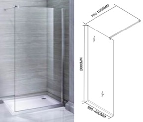 Mamparas de ducha fija, con las siguientes características:
-	Cristal con forma rectangular con una altura de 200 cm x 100 cm de ancho. El cristal es de seguridad con anti-cal, transparente, de 8 mm de espesor y acorde con la norma UNE EN 14428. 
-	Perfiles de aluminio anodizado cromados. Los perfiles de aluminio no rodean su perímetro entero, sino que sólo hay perfil en alguno o algunos de los lados, pero no en todo.
Función o uso: 
Mampara de baño.