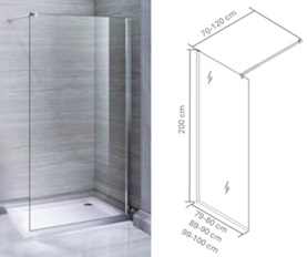 Mamparas de ducha fija, con las siguientes características:
-	Cristal con forma rectangular con una altura de 200 cm x 80, 90 Y 100 cm de ancho según el modelo. El cristal es de seguridad con anti-cal, transparente, de 8 mm de espesor y acorde con la norma UNE EN 14428. 
-	Perfiles de aluminio anodizado con acabado gun metal o brushed gold. Los perfiles de aluminio no rodean su perímetro entero, sino que sólo hay perfil en alguno o algunos de los lados, pero no en todo.
Función o uso: 
Mampara de baño.