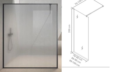 Mamparas de ducha fija, con las siguientes características:
-	Cristal con forma rectangular con una altura de 200 cm x 80, 90 Y 100 cm de ancho según el modelo. El cristal es de seguridad con anti-cal, transparente, de 8 mm de espesor y acorde con la norma UNE EN 14428. 
-	Perfiles de aluminio anodizado con acabado cromo, gun metal o brushed gold. Los perfiles de aluminio rodean todo el perímetro, la totalidad del vidrio.
Función o uso: 
Mampara de baño.