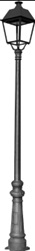 Farolas de fundición o compuestas por base de fundición y el vástago de tubo de hierro. Se presentan para su venta al por menor en siete formatos distintos y unas medidas entre 3000 y 4150 mm. de alto con su aparato de alumbrado constituido por un farol fabricado en chapa de hierro con cuatro protectores laterales de plástico diseñados para ser fijados a la farola. El farol tiene unas medidas de 410 x 720 mm. Se utiliza para la iluminación de espacios públicos.