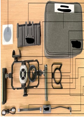 Se trata de una estructura de aluminio y plástico con unas dimensiones de 236 x 122 x 31 mm (bastidor extensible) y 148 x 81 x 42 mm (mango). Sirve como soporte para Smartphone. Está compuesta por una manilla giratoria de control inalámbrico, un refrigerador para teléfono móvil, una estación de acoplamiento USB y un soporte para batería externa (interfaz tipo C), así como botones de obturador; de cambio de modo (iOS/Android) y de zoom.
Se conecta a través de Bluetooth para su control inalámbrico (hasta 10 metros, frecuencia 2,4 GHz).
El artículo se presenta en un kit, acompañado por una funda para su conservación y transporte, cables de conexión, adaptadores de lente y de filtros, así como capucha para conservar éstos últimos.
Función o uso: 
Esta suite profesional de vídeo está diseñada específicamente para los teléfonos móviles, proporcionando una solución eficiente para la creación de contenido de vídeo móvil y la transmisión profesional de contenido en directo. Sus principales funciones incluyen: apoyar la grabación con teléfonos móviles y controlar remotamente la grabación de vídeo mediante un mando inalámbrico; y la posibilidad de la funcionalidad portátil de transmisión en directo mediante el ensamblaje de componentes individuales. El producto incluye todas las piezas necesarias para cada etapa de la transmisión en directo móvil.