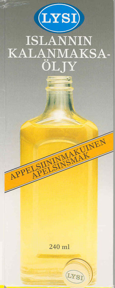 A- ja D-vitamiinin puutostiloihin käytettävää kalanmaksaöljyä, joka sisältää 920 ky/g A-vitamiinia, 92 ky/g D-vitamiinia sekä appelsiiniaromia. Pakattu 240 ml:n lasipulloon.