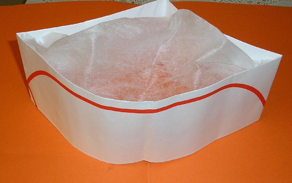 COIFFE GENRE CALOT EN PAPIER DE TAILLE AJUSTABLE COMPORTANT SUR LE DESSUS UN FOND COUVRANT LA TETE EN NON TISSE DE POLYPROPYLENE, SANS ELASTIQUE DE SERRAGE OU DE MAINTIEN, AVEC UN MOTIF DECORATIF FORMANT UN LISERE ROUGE.

CALOT DE PROTECTION DESTINE A COUVRIR LA TETE. ARTICLE JETABLE.