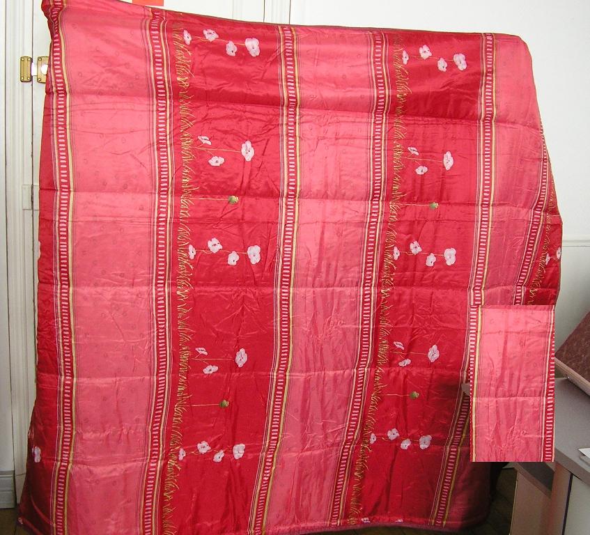 COUVRE-LIT DE FORME RECTANGULAIRE, EN MATIERE TEXTILE DE FIBRE SYNTHETIQUE (100% POLYESTER) MATELASSEE, CONSTITUE D'UNE COUCHE EN TISSU IMPRIME DE FIBRES SYNTHETIQUES ESSENTIELLEMENT ET D'UNE COUCHE DE NONTISSE. CES DEUX COUCHES SONT SEPAREES PAR UNE COUCHE DE REMBOURRAGE.

CES TROIS COUCHES SONT ASSEMBLEES PAR PLUSIEURS RANGS DE PIQURES SERVANT AU CAPITONNAGE. CE COUVRE-LIT COMPORTE UN BIAIS SUR TOUT SON POURTOUR.

DIMENSION : 200 X 160 CMS