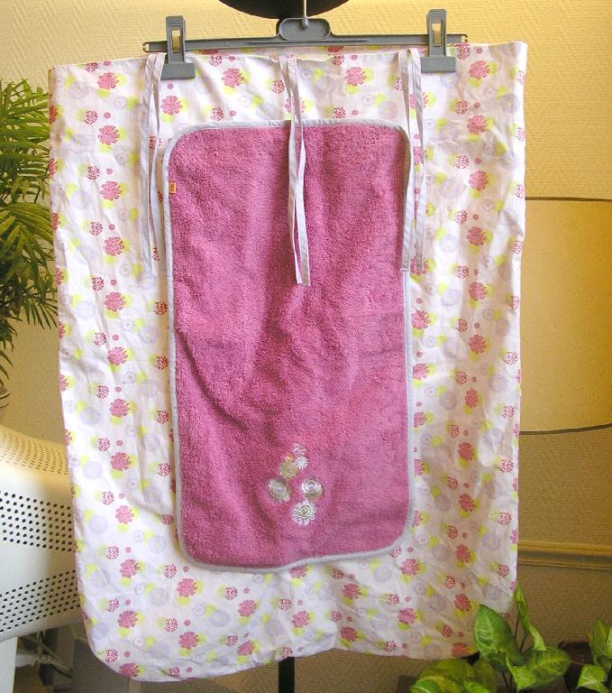 HOUSSE DE MATELAS A LANGER POUR PETITS ENFANTS, EN TISSU DE COTON IMPRIME MAJORITAIREMENT, DE FORME RECTANGULAIRE (71 X 54 CM ENVIRON), AVEC SUR UN COTE UNE OUVERTURE COMPLETE SE FERMANT A L’AIDE DE LIENS A NOUER PERMETTANT DE MAINTENIR LA HOUSSE FERMEE. LE DESSUS DE LA HOUSSE EST DOTE D’UN RECTANGLE (51 X 29 CM) EN TISSU BOUCLE DU GENRE EPONGE DOUBLE D’UNE FEUILLE DE MATIERE PLASTIQUE (PVC) ET MAINTENU A LA HOUSSE A L’AIDE DE BANDES DE VELCRO, AVEC UN BIAIS DE FINITION SUR LE POURTOUR, AVEC DES MOTIFS BRODES FORMANT DES FLEURS.