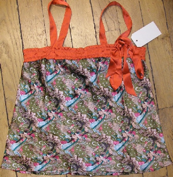 VÊTEMENT POUR FEMMES EN TISSU DE SOIE IMPRIMÉ DESTINÉ À RECOUVRIR LA PARTIE SUPÉRIEURE DU CORPS, GENRE BLOUSE, DESCENDANT JUSQU'AUX HANCHES, AVEC UNE ENCOLURE DROITE LÉGÈREMENT DÉGAGÉE, AVEC UN RUBAN SATINÉ DE COULEUR CONTRASTÉE COUSU SUR TOUT LE POURTOUR DE L'ENCOLURE , AVEC DES BRETELLES DE LA MÊME COULEUR QUE LE RUBAN, AVEC UN NŒUD AU NIVEAU DE L'ENCOLURE DE LA MÊME COULEUR QUE LE RUBAN, AVEC UNE BASE OURLÉE.

CE VÊTEMENT EST VENDU EN LOT AVEC UNE CULOTTE CLASSÉE À PART, RTC N° FR-E4-2006-000187-02.