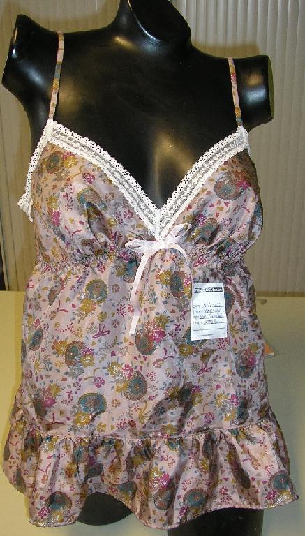 VÊTEMENT POUR FEMMES EN TISSU SATINÉ DE SOIE IMPRIMÉ DESTINÉ À RECOUVRIR LA PARTIE SUPÉRIEURE DU CORPS, GENRE BLOUSE, DESCENDANT JUSQU'AUX HANCHES, LÉGÈREMENT ÉVASÉ VERS LA BASE, AVEC UNE ENCOLURE EN V TRÈS DÉCOLLETÉE, AVEC UN BIAIS ASPECT DENTELLE DE COULEUR CONTRASTÉE SUR TOUT LE POURTOUR DE L'ENCOLURE ET DES EMMANCHURES, SANS MANCHES, AVEC DE FINES BRETELLES RÉGLABLES DE LA MÊME ÉTOFFE QUE LA BLOUSE, AVEC UN ÉLASTIQUE À L'INTÉRIEUR DU VÊTEMENT FAISANT TOUT LE TOUR AU NIVEAU DU BAS DE LA POITRINE, AVEC UN NOEUD SUR LE DEVANT À LA BASE DU DÉCOLLETÉ, AVEC UNE BASE OURLÉE.

CE VÊTEMENT EST VENDU EN LOT AVEC UNE CULOTTE CLASSÉE À PART, RTC N° FR-E4-2006-001847-02.