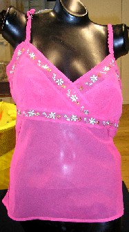 PYJAMA POUR FEMMES CONFECTIONNÉ EN TISSU LÉGER DE FIBRES SYNTHÉTIQUES (100% POLYESTER), LÉGÈREMENT TRANSLUCIDE, GENRE VOILE, TEINT UNIFORMÉMENT, COMPOSÉ DE DEUX VÊTEMENTS ASSORTIS, DE COUPE AMPLE ET SANS ÉLÉMENTS D'INCONFORT : 

- UN VÊTEMENT DESTINÉ À RECOUVRIR LA PARTIE SUPÉRIEURE DU CORPS, DE TYPE CARACO, DESCENDANT JUSQU'AU-DESSOUS DE LA TAILLE, COMPORTANT DES BRETELLES TRESSÉES RÉGLABLES, DES PINCES POITRINE ET UNE OUVERTURE PARTIELLE DANS LE DOS EN FORME DE GOUTTE D'EAU SE FERMANT PAR UN BOUTON. 
LA PARTIE SUPÉRIEURE DU VÊTEMENT EST CONSTITUÉE DE DEUX PANS DE TISSU QUI SE SUPERPOSENT DROITE SUR GAUCHE, COUSUS ENSEMBLE AU-DESSOUS DE LA POITRINE.
EN OUTRE, UN GALON DE FLEURS BRODÉES EST RAPPORTÉ SUR LE POURTOUR DU DÉCOLLETÉ, DES EMMANCHURES AINSI QU'AU-DESSOUS DE LA POITRINE.
LA BASE DE CE VÊTEMENT EST OURLÉE.

- UN PANTALON DESCENDANT JUSQU'AUX CHEVILLES, SANS OUVERTURE, DE COUPE SIMPLE, PRÉSENTANT UN BORD ÉLASTIQUE À LA TAILLE, UNE POCHE FENDUE CÔTÉ DROIT ET UN OURLET À L'EXTRÉMITÉ DES JAMBES.