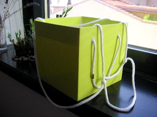 EMBALLAGE EN CARTON, PLIABLE, EN FORME DE BOITE CARREE, DE DIMENSION 18 CM DE COTE ET 17.5 CM DE PROFONDEUR, DONT LE FOND EST OUVERT POUR PERMETTRE LE PLIAGE, AVEC UNE FEUILLE DE CELLOPHANE TRANSPARENTE DEPLIABLE ET SERVANT DE RESERVE D'EAU, COLLEE SUR LE FOND, ET DES CORDELETTES EN MATIERE TEXTILE REGLABLES POUR POIGNEES, CET EMBALLAGE EST DESTINE AU TRANSPORT DES BOUQUETS DE FLEURS.