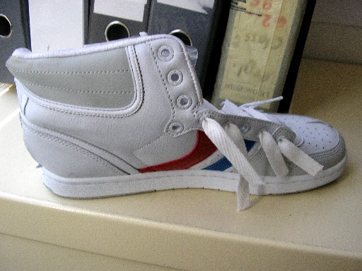 CHAUSSURE POUR L'ACTIVITE SPORTIVE, NON RECONNAISSABLE COMME ETANT POUR HOMMES OU POUR FEMMES, COUVRANT LA CHEVILLE, DONT LE DESSUS EST EN CUIR 100%, AVEC UNE LANGUETTE ET UNE FERMETURE PAR LACET, LA SEMELLE EXTERIEURE EST EN CAOUTCHOUC ET PRESENTE DES SCULPTURES, LA SEMELLE INTERIEURE MESURE 26.5 CM, LA SEMELLE INTERMEDIAIRE EST EN POLYMERE BASSE DENSITE ET COUVRE TOUTE LA SURFACE AVEC UNE EPAISSEUR DE 11 MM A L'ARRIERE ET 4 MM AU NIVEAU DE LA METATARSE, CETTE CHAUSSURE PEUT DONC ETRE CONSIDEREE COMME ETANT A TECHNOLOGIE SPECIALE, AVEC LOGO PUBLICITAIRE AU TALON ET SUR LA LANGUETTE.