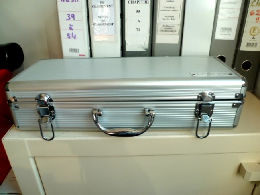 MALETTE, EN ALUMINIUM, DE DIMENSION 17 CM X 45 CM, COMPORTANT UNE OUVERTURE (STYLE VALISE) PAR DEUX FERMOIRS METALLIQUES, UNE POIGNEE EN METAL, QUATRE PROTECTIONS POUR LA POSE AU SOL, L'INTERIEUR EST ENTIEREMENT CAPITONNE, ET PRESENTE UN AMENAGEMENT, AVEC LOGO COMMERCIAL IMPRIME SUR UNE PLAQUE EN ALUMINIUM COLLEE A L'INTERIEUR, ET VISSEE SUR LE DESSUS DE LA MALETTE.