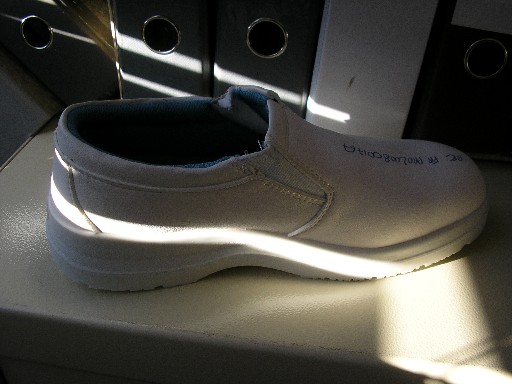 CHAUSSURE DE PROTECTION, IMPERMEABLE A L'EAU, AVEC UN EMBOUT EN ACIER, NON RECONNAISSABLE COMME ETANT POUR HOMMES OU POUR FEMMES, DONT LE DESSUS EST EN MATIERE PLASTIQUE DOUBLE DE MATIERE TEXTILE AVEC UN ELASTIQUE DE CHAQUE COTE DE LA LANGUETTE, LA SEMELLE EXTERIEURE EST EN POLYURETHANE DOUBLE DENSITE ET PRESENTE DES SCULPTURES, ELLE SE PROLONGE PAR UN TALON,