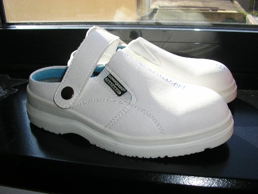 CHAUSSURE DE PROTECTION, GENRE SABOT, NON RECONNAISSABLE COMME ETANT POUR HOMMES OU POUR FEMMES, NE COUVRANT PAS LA CHEVILLE, DONT LE DESSUS EST EN MATIERE PLASTIQUE, AVEC UNE LANIERE ELASTIQUEE ET DEUX BOUTONS-PRESSIONS, UNE BANDE ELASTIQUE DE CHAQUE COTE DU DESSUS DE LA CHAUSSURE, UN EMBOUT DE PROTECTION EN ACIER, LA SEMELLE INTERIEURE MESURE PLUS DE 24 CM, LA SEMELLE EXTERIEURE EST EN MATIERE PLASTIQUE ET PRESENTE DES SCULPTURES, AVEC LOGO PUBLICITAIRE COUSU SUR LE DESSUS.