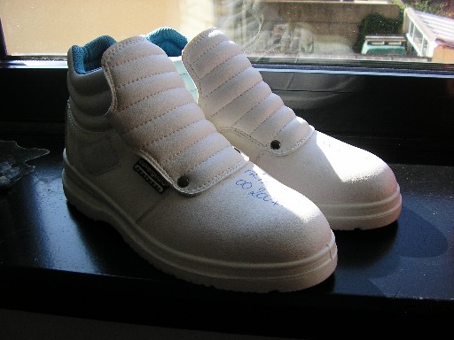 CHAUSSURE DE PROTECTION, NON RECONNAISSABLE COMME ETANT POUR HOMMES OU POUR FEMMES, RECOUVRANT LA CHEVILLE, DONT LE DESSUS EST EN MATIERE PLASTIQUE, AVEC UNE BANDE ELASTIQUE A L'OUVERTURE, UNE LANGUETTE AVEC UNE BANDE VELCRO SE RABATTANT SUR LE COTE EXTERIEUR, UN EMBOUT EN ACIER, LA SEMELLE INTERIEURE MESURE PLUS DE 24 CM, LA SEMELLE EXTERIEURE EST EN MATIERE PLASTIQUE(POLYURETHANE)ET PRESENTE DES SCULPTURES, AVEC LOGO PUBLICITAIRE COUSU SUR LA LANGUETTE COTE EXTERIEUR.