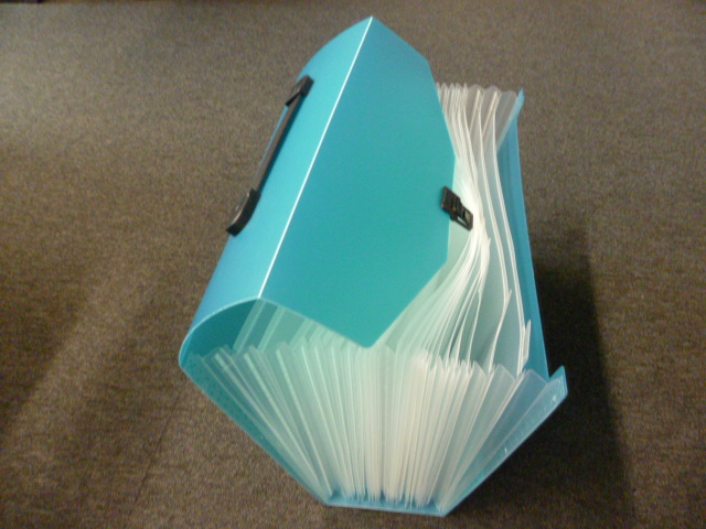 PORTE-DOCUMENTS DONT LA SURFACE EXTERIEURE EST EN MATIERE PLASTIQUE, AVEC UNE POIGNEE, AVEC UN RABAT AVEC UNE FERMETURE PAR FERMOIR EN PLASTIQUE ET AVEC 24 SOUFFLETS AVEC PORTE-ETIQUETTES. DIMENSIONS : 38 x 12 x 26 CM ENVIRON