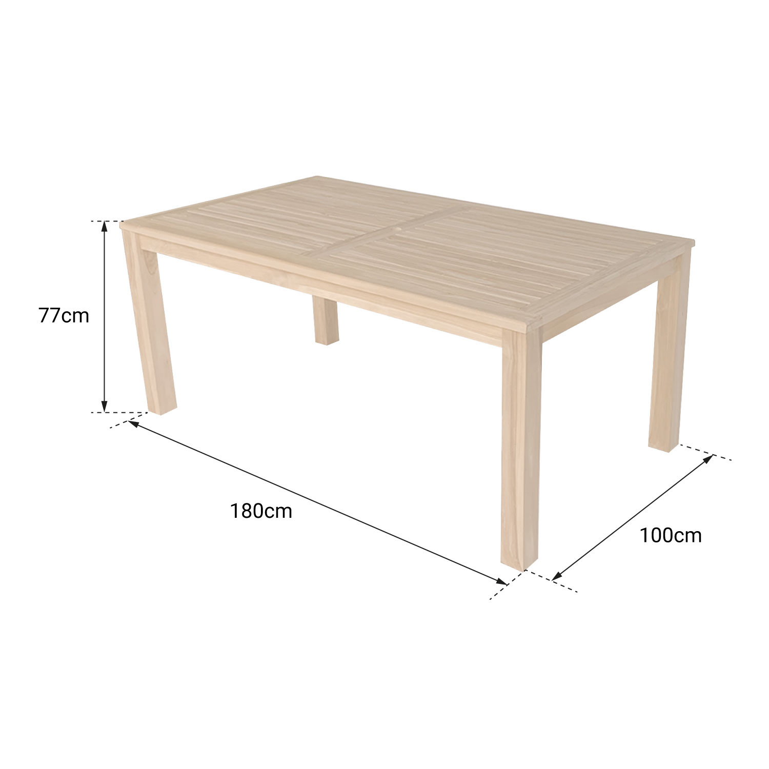 Table de salon de jardin, conçue en bois de teck, de forme rectangulaire.
 Caractéristiques du produit : 
- Épaisseur des pieds : 8 cm,
- Épaisseur plateau : 2,8 cm, 
- Type de plateau : fixe, 
- Matériau : bois de teck, 
- Couleur : teck naturel, 
- Nombre de places maximum : 8 personnes, 
- Poids maximum supporté : 90kg, 
- Trou pour parasol : diamètre 5cm.
L’article arrivera à l’état démonté (notice incluse dans le colis).  
Dimensions : (L) 180 × (l) 100 × (H) 75cm.