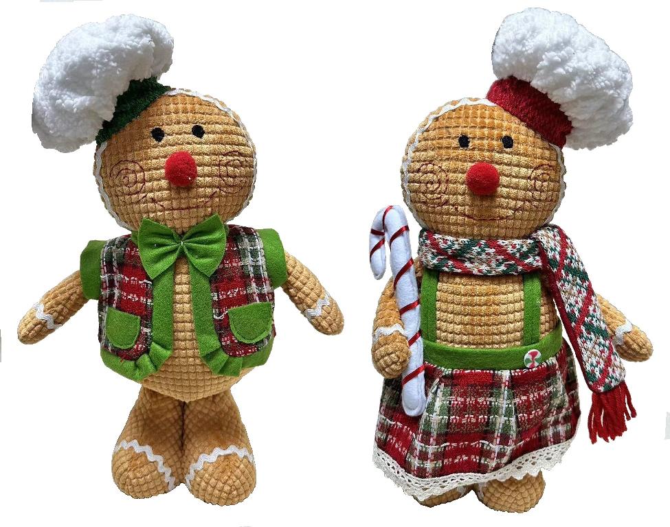 Poupées décoratives représentant un couple de bonhommes en pain d’épices ».
Chaque personnage est confectionné en polyester.
Ils possèdent tous deux, un nez rouge, des yeux noirs et une bouche rouge très fine.
Le monsieur porte un boléro orné d’un nœud papillon aux couleurs : vert, rouge et blanc ainsi qu’un chapeau aux teintes assorties, blanc et vert.
La dame est vêtue d’une jupe à bretelles à carreaux, rouges, blancs et verts, accompagnée d’une écharpe coordonnée. Sur sa tête, elle porte un chapeau blanc et rouge et tient dans son bras un sucre d’orge.
Ces poupées mesurent 38cm.