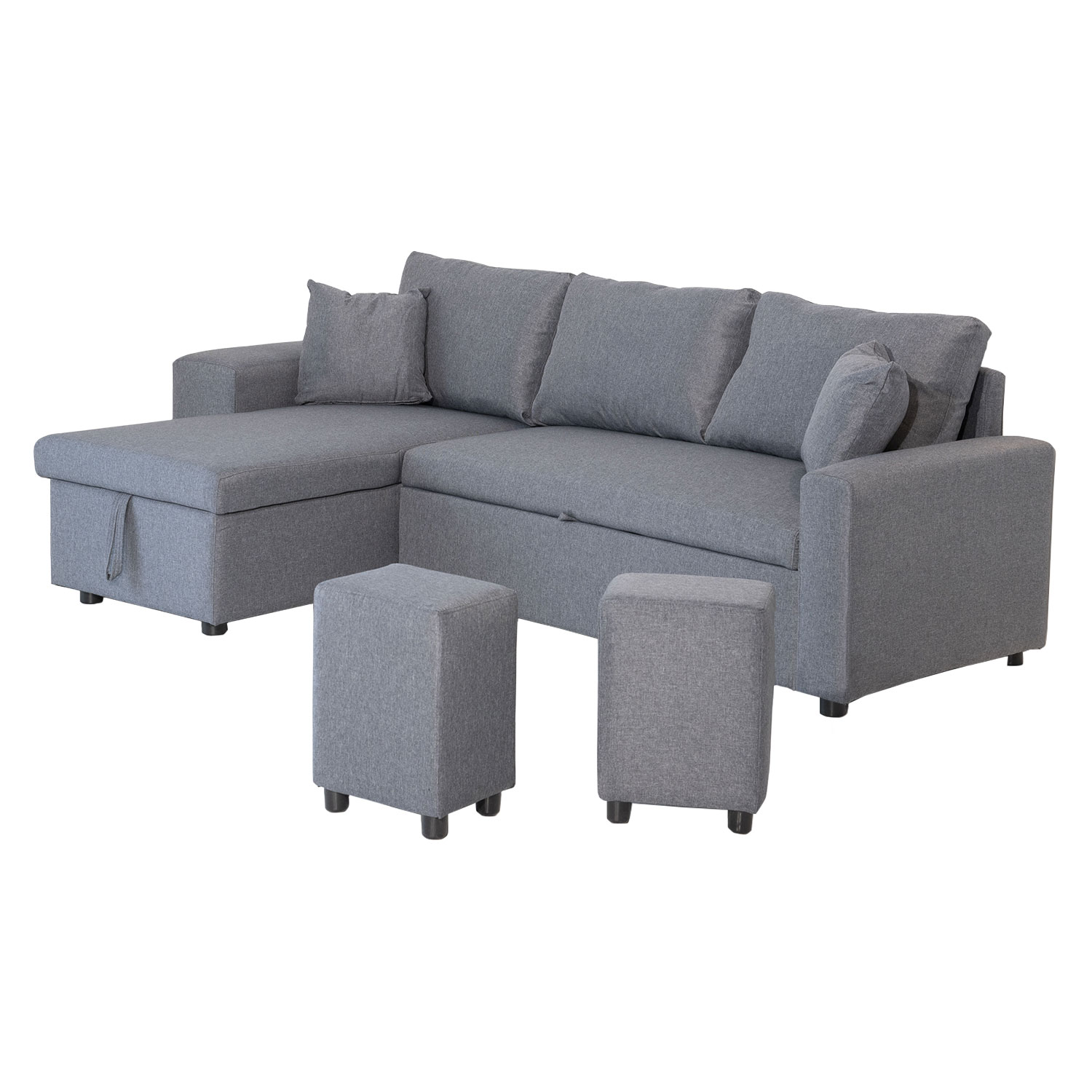 Canapé d'angle convertible 3 places.
Matières:
Rembourrage :mousse 40D.
Pieds : polypropylène.
Coussin : polyuréthane.
Rembourrage coussin : mousse 24D.
Revêtement : polyuréthane.
Structure : bois d'eucalyptus.

Dimensions:
Largeur (en cm) : 146.
Hauteur (en cm) : 85.
Profondeur (en cm) : 238.
Profondeur méridienne (en cm) : 146.
Largeur méridienne (en cm) : 67.
Profondeur d'assise (en cm) : 58.
Largeur d'assise (en cm) : 130.
Hauteur d'assise (en cm) : 45.
Profondeur d'assise méridienne (en cm) : 125.
Largeur d'assise méridienne (en cm) : 67.
Longueur couchage (en cm) : 197.
Largeur couchage (en cm) : 140.
Hauteur couchage (en cm) : 45.
Longueur accoudoirs (en cm) : 82.
Largeur accoudoir (en cm) : 27.
Hauteur accoudoir (en cm) : 60.
Largeur coussin dorsal (en cm) : 62.
Hauteur coussin dorsal (en cm) : 43.
Épaisseur coussin dorsal (en cm) : 6.
Épaisseur coussin d'assise (en cm) : 12.
Longueur pouf (en cm) : 30.
Largeur pouf (en cm) : 24.
Hauteur pouf (en cm) : 42.
Longueur coffre (en cm) : 137.
Largeur coffre (en cm) : 59.
Hauteur coffre (en cm) : 23.


Avec accoudoirs : oui.
Utilisation : intérieure.
Coussins déhoussables : non.
Couchage : occasionnel.
Nombre de places : 3.
Poids max. supporté (en kg) : 250.
Poids max. supporté pouf (en kg) : 100.
Méridienne réversible : oui.
Type de rangement : coffre.
Poufs dans un accoudoir.
Nombre de couchage : 2 personnes.
Têtière incluse : non.
Montage : oui (notice incluse).

Article à monter, livré en 2 colis