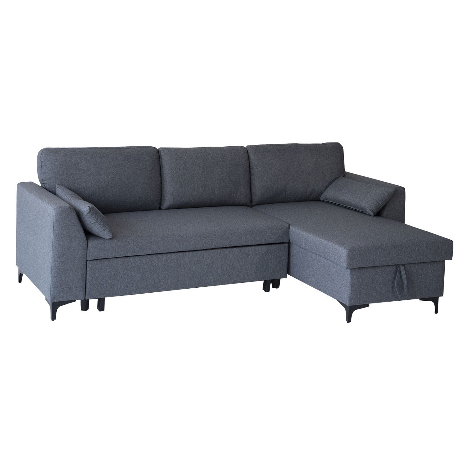 Canapé d'angle convertible 3 places.
Matières:
Rembourrage : mousse recyclée 50D et mousse neuve 22D
Pieds : fer
Coussin : polyester
Rembourrage coussin : fibre et mousse 28D
Revêtement : polyester 250g/m²
Structure : bois de bouleau


Avec accoudoirs : oui
Utilisation : intérieure
Coussins déhoussables : non
Couchage : occasionnel
Nombre de places : 3
Poids max. supporté (en kg) : 400
Méridienne réversible : oui
Type de rangement : coffre
Nombre de couchage : 2 personnes
Têtière incluse : non
Montage : oui (notice incluse)

Dimensions:
Largeur (en cm) : 145
Hauteur (en cm) : 85
Profondeur (en cm) : 236
Profondeur méridienne (en cm) : 145
Largeur méridienne (en cm) : 67
Profondeur d'assise (en cm) : 56
Largeur d'assise (en cm) : 129
Hauteur d'assise (en cm) : 45
Profondeur d'assise méridienne (en cm) : 120
Largeur d'assise méridienne (en cm) : 67
Longueur couchage (en cm) : 196
Largeur couchage (en cm) : 120
Longueur accoudoirs (en cm) : 82
Largeur accoudoir (en cm) : 20
Hauteur accoudoir (en cm) : 60
Largeur coussin dorsal (en cm) : 59
Hauteur coussin dorsal (en cm) : 25
Épaisseur coussin dorsal (en cm) : 20
Épaisseur coussin d'assise (en cm) : 6
Longueur coffre (en cm) : 117
Largeur coffre (en cm) : 59
Hauteur coffre (en cm) : 19

Article livré en 2 colis.
