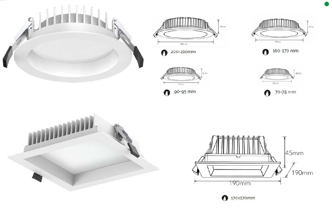 Appareil d’éclairage intérieur, sous la forme d’un spot à LED encastrable et dont le corps est en polycarbonate.
Il est disponible en noir ou en blanc, sous différentes puissances (7W, 8W, 10W, 12W, 15W,18W, 20W , 22W et 25W) 
Il se présente sous 2 formes : 
- ronde en 4 tailles différentes 85x38mm, 110x55mm, 190x45mm et 228x45mm. 
- carrée en une seule taille190x190x45mm.
Un driver on/off externe avec une tension d'entrée de 220 - 240 volts, un diffuseur micro-prisme avec un angle d’émission de 90°et un switch pour modifier la température de couleur entre 3000K/4000K et 5700K sont fournis.
Le produit est équipé d'un bornier à repiquage pour une installation facile et présente un indice de protection IK07.