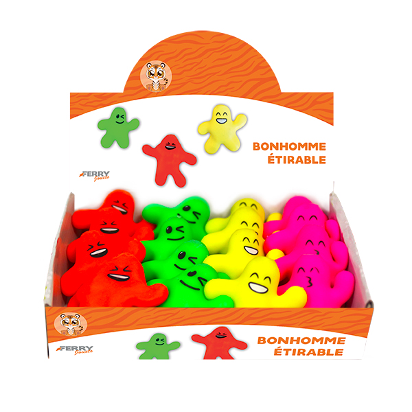 Jouet se présentant sous la forme d'un bonhomme étirable.
Matières : Plastique/TPR 15% et sable/SAND 85%
4 modèles assortis représentant différentes expressions:clin d'œil, bisous, et 2 sourires. 
Dimensions : 8.5 x 8.5 x 3 cm.
Conditionné pour la vente en vrac dans un présentoir.