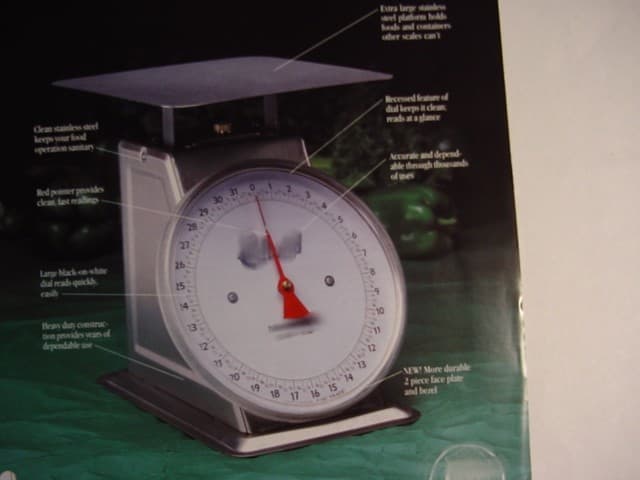 A HEAVY DUTY SCALE FOR PROVIDING MEASUREMENTS FOR WEIGHTS OF UP TO 100LB.  FEATURES A BRUSHED STAINLESS STEEL HOUSING AND PLATFORM WITH  A 8 1/2 INCH DIAL FACE.  FOR COMMERCIAL USE.