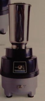 A 120V BLENDER, CONSTRUCTED OF ZINC ALLOY PAINTED BASE IN GREY, WITH BLACK PLASTIC COVER.  A 44 OUNCE POLYCARBONATE CONTAINER WITH A BLACK PLASTIC LID, WEIGHT 8LBS AND HEIGHT 14 3/4 INCHES.  FOR COMMERCIAL USE.