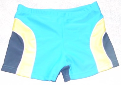 A PAIR OF SWIMMING TRUNKS/BRIEFS FOR BOYS WITH DIFFERENT COLOURED PANELS.  WITH AN ELASTICATED WAISTBAND.   HEMMED AT LEG ENDS. 80% NYLON / 20% ELASTANE.