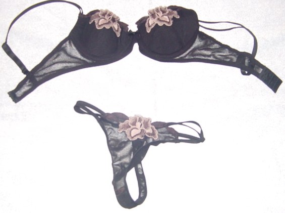 A KNITTED BRA AND THONG SET FOR WOMEN.  CONSISTING OF A LIGHTLY PADDED UNDERWIRED BRA WITH NARROW ADJUSTABLE SHOULDER STRAPS.  LOW CUT  WITH AN EMBROIDERED FLOWER DESIGN ON THE UPPER PART OF EACH CUP.  WITH A HOOK AND EYE FASTENING AT BACK.  WITH A MATCHING THONG.  WITH GUSSET.  WITH EMBROIDERED FLOWER DESIGN ON FRONT.  90% NYLON.  10% SPANDEX. PACKAGED TOGETHER  FOR RETAIL SALE.