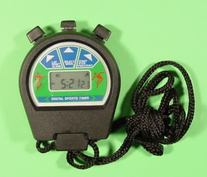 HAND HELD SPORTS STOPWATCH, ON A LANYARD. APPROX SIZE 70 X 55 X 15  MM. SPLIT DISPLAYS DAY, DATE. MONTH, NORMAL TIME WITH 12/24 HOUR FACILITY, LAP TIMING AND ALARM SETTING. BATTERY POWERED.