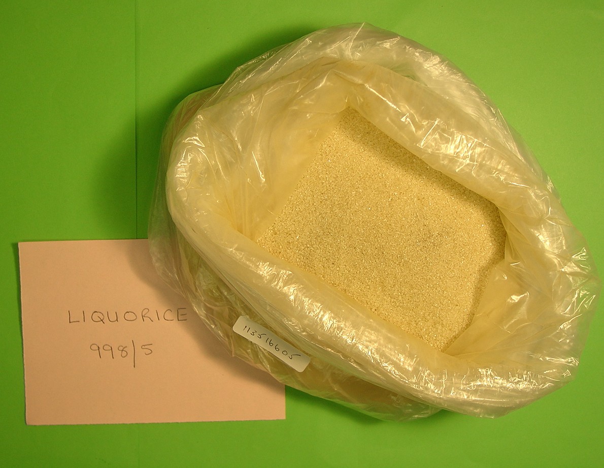 LIQUORICE EXTRACT CONTAINING MORE THAN 10% BY WEIGHT OF SUCROSE BUT NOT CONTAINING ANY OTHER SUBSTANCES. PRODUCT CONTAINS 98.5% OF WHITE CRYSTAL SUGAR AND 1.5% OF LIQUORICE EXTRACT. THE PRODUCT IS PACKED IN 1 KG BAGS. IT IS BROWN/YELLOW IN COLOUR WITH THE FRAGRANCE OF LIQUORICE AND IS USED FOR MAKING CONFECTIONERY PRODUCTS, FLAVOURING TEA, ETC.