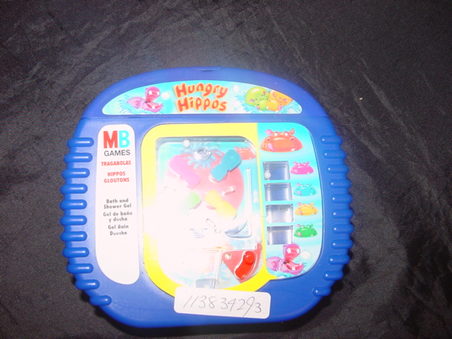 A CHILDS PLASTIC  BUBBLE BATH CONTAINER WITH A HUNGRY HIPPO GAME INCORPORATED ON THE FRONT. THE GAME INVOLVES FIRING PLASTIC BALLS INTO SEPARATE HOLES MARKED BY SMALL PLASTIC HIPPO SHAPES. THE BALLS THEN RUN INTO THEIR CORRESPONDING COLOUR SECTIONS WHERE THEY CAN BE COUNTED. ITEM CONTAINS BUBBLE BATH WHICH HAS BEEN CLASSIFIED SEPARATELY.