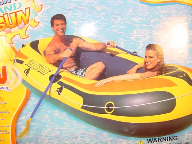 SEA WOLF RAFT: INFLATABLE SPORTY DESIGN RAFT MADE FROM PRE-TESTED VINYL, HAS SAFETY VALVES AND A QUICK INFLATION /DEFLATION SCREW VALVE. AN ALL ROUND GRAB ROPE WITH BUILT-IN GROMMETS AND WELDED OAR LOCKS. THIS COME SUPPLIED WITH HEAVY DUTY REPAIR PATCH. MEASURES: 262cm x 147cm.
