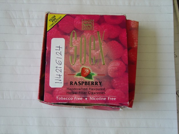 HERBAL FILTER  CIGARETTES ALSO KNOWN AS BIDIS.  STATES ON THE LABELLING TO BE   TOBACCO FREE,  NICOTIN FREE. .CONTAINS INERT VEGETABLE SUBSTANCE, GLYCERINE BENZOATE. PACKED FOR RETAIL SALE IN PACKS OF 20. THIS PRODUCT IS AVAILABLE IN A VARIETY OF FLAVOURS.