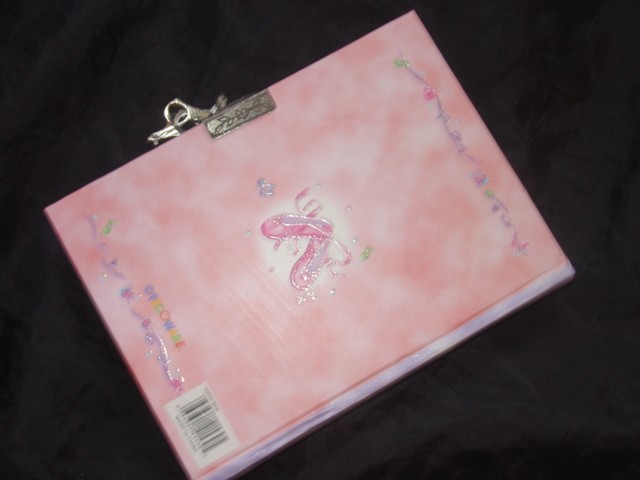 A CHILDS BOARD BACKED DIARY WITH RULED PAPER PAGES.FITTED WITH A METAL LOCK AND KEY AND DECORATED WITH GLITTER, RIBBON, RHINESTONE, JEWELS AND PLASTIC SHAPED SHOES DISPLAYED BENEATH A CELLOPHANE WINDOW. PACKAGED FOR RETAIL SALE IN A TRANSPARENT CELLOPHANE BAG.