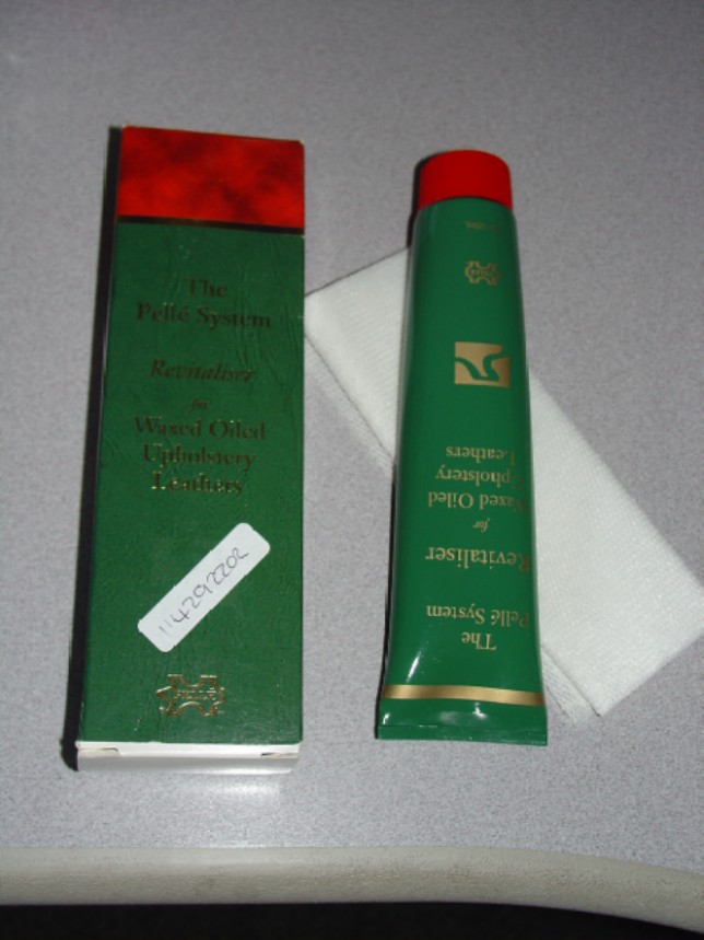 Leather revitaliser (a color tone remoisturing creme) for waxed oiled upholstery leathers.  Ingredients: Aqueous synthetic waxes, deionised water, viscous aqueous biocidal suspension and a dispersion of polysioxano in aqueous solution. Put up for retail sale in a 125ml tube. The product also comes with an application cloth.