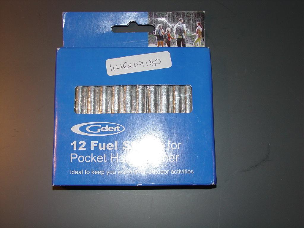 FUEL STICK FOR POCKET HANDWARMER. PACKET CONTAINS 12 STICKS. IDEAL TO KEEP WARM IN ALL OUTDOOR ACTIVITIES.