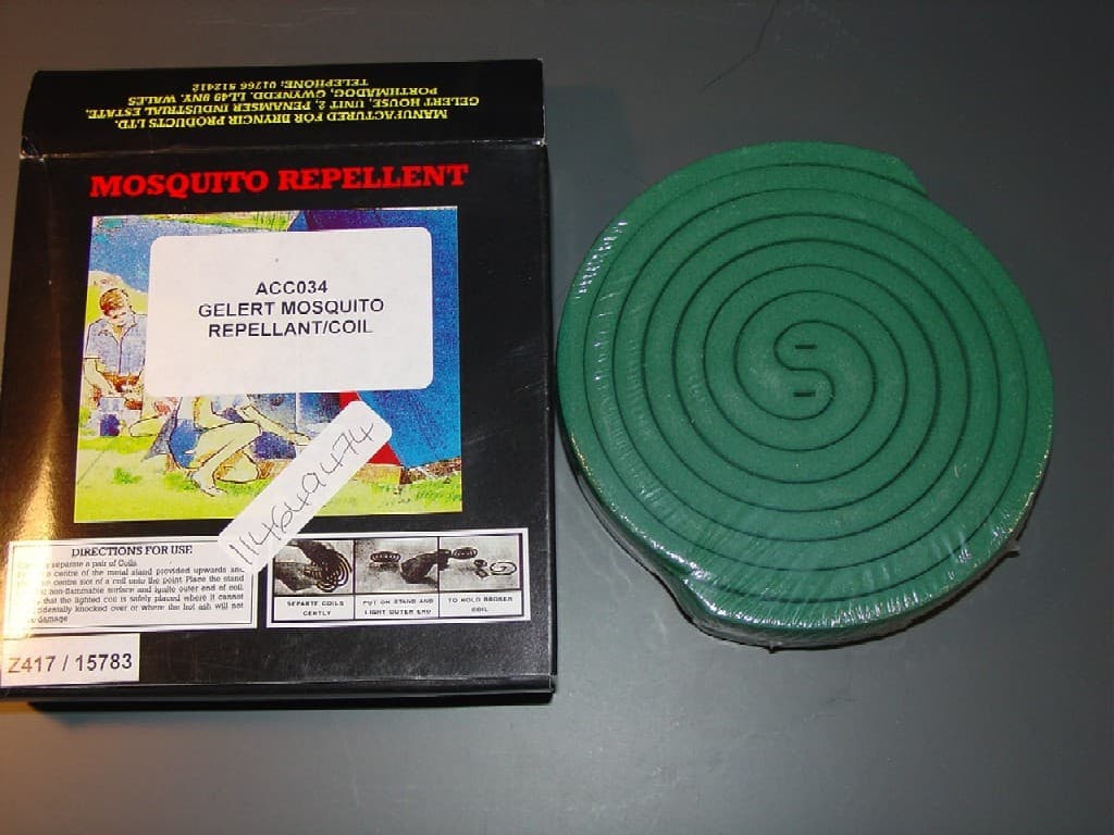 MOSQUITO REPELLANT COIL. CONTAINS d-ALLETHRIN 0.25% W/W. FOR USE IN TRAVEL, CAMPING, HOME USE.PACKAGED IN A COLOURED BOX. THE PACK CONTAINS 10 MOSQUITO COILS AND METAL STAND.