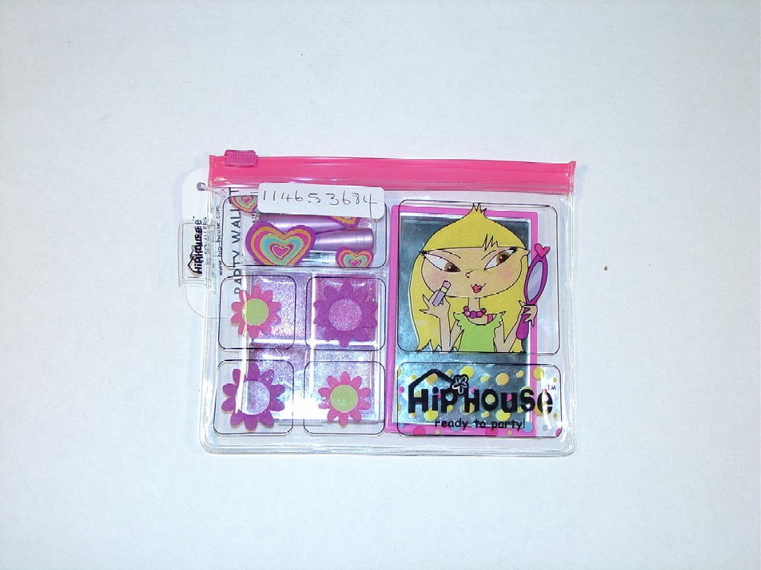A PARTY WALLET PACKAGED AS A SET PUT UP FOR RETAIL SALE CONTAINING FOUR SECTIONS OF LIPGLOSS COMPACT, MIRROR, 2 X LIPBRUSH AND PVC BAG. THE ESSENTIAL CHARACTER IS CONSIDERED TO BE THE LIPGLOSS. TOTAL SET VALUE IS US DOLLARS 0.285.