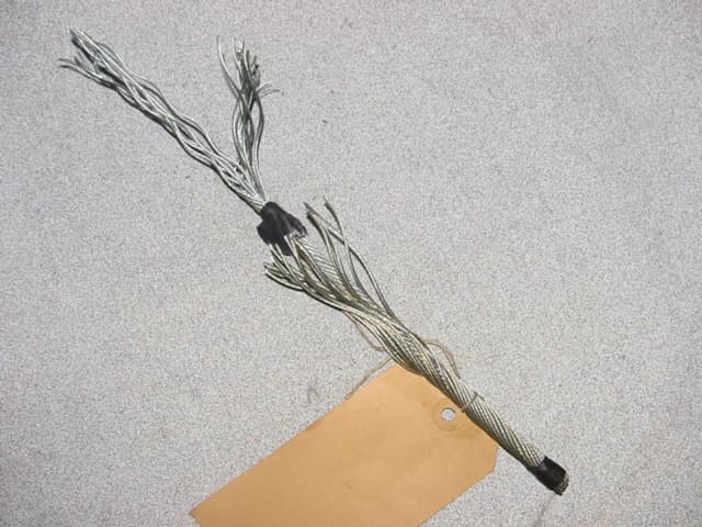 ZINC COATED STEEL WIRE ROPE/CABLE. CONSISTING OF AN INNER SECTION MADE FROM SEVEN STRANDS IN A TWISTED FORMATION. SURROUNDED BY ELEVEN STRAND IN A TWISTED FORMATION. SURROUNDED IN TURN BY A FURTHER SIXTEEN STRANDS. EACH STRAND IS MADE FROM SEVEN SMALL WIRES. OVERALL DIAMETER 8mm. EACH STRAND MEASURES 1mm. DIAMETER. EACH WIRE APPROX. 0.2mm DIAMETER. NOT FOR USE IN CIVIL AIRCRAFT. NOT CONSIGNED FROM  MOLDOVA OR MOROCCO.