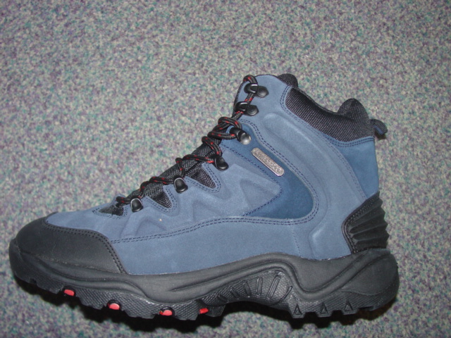 UNISEX HIKING/WALKING BOOT. COVERING THE CALF BUT NO PART OF THE ANKLE. UPPERS OF LEATHER, RUBBER AND TEXTILE MATERIAL. LEATHER PREDOMINATES. OUTER SOLES OF RUBBER. LACE UPS. INSOLE LENGTH MORE THAN 24CMS. BLACK/BLUE IN COLOUR.