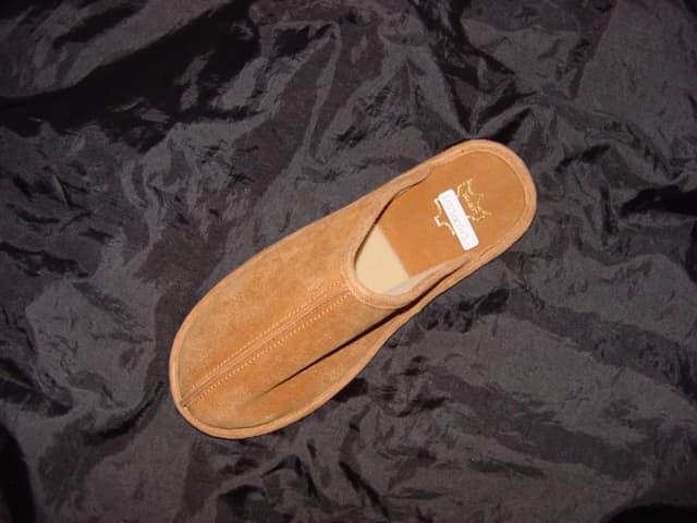 MENS MULE STYLE SLIP-ON INDOOR SLIPPERS. WITH UPPERS OF PIG SKIN LEATHER. WITH A KNITTED PILE TEXTILE FABRIC LINING. WITH IN-SOLE LENGTH MORE THAN 24CM. WITH OUTER SOLE OF RUBBER COVERED WITH TEXTILE MATERIAL. THE TEXTILE IS CONSIDERED TO HAVE SUFFICIENT WEARING PROPERTIES TO BE CONSIDERED THE VIABLE OUTER SOLE.