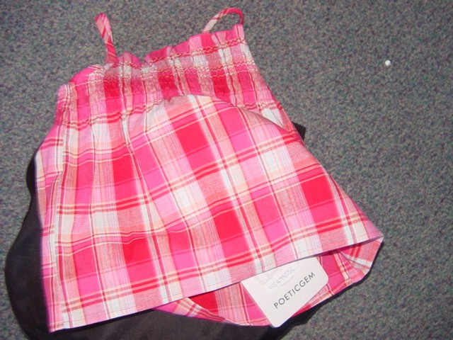 A WOVEN TOP FOR A CHILD OF 86CMS OR LESS. REACHES BELOW THE WAIST WITH SHOE STRING STRAPS AND ELASTICATED. BRIGHT PINK CHECK PATTERN. PACKAGED AS A RETAIL SET WITH COTTON TROUSERS WHICH HAVE BEEN CLASSIFIED SEPARATELY.