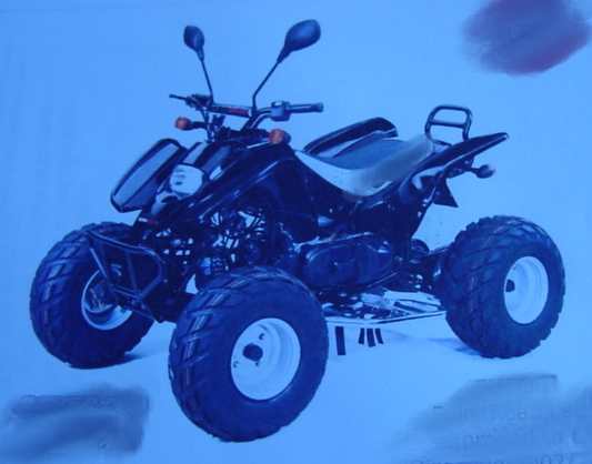 AN ALL TERRRAINE VEHICLE WHICH FEATURES 2-STROKE SINGLE CYLINDER ENGINE, 100CC, AUTOMATIC WITH REVERSE TRANSMISSION, ELECTRIC STARTING, CDI IGNITION, DOUBLE DRUM AND DRUM DISC BRAKING SYSTEM, OIL DAMPER/ADJUSTABLE SUSPENSION, LIQUID COOLING SYSTEM, 19 X 7-8 AND 18 X 93.5-8 FRONT AND REAR TYRE SIZES.  WEIGHT 136KG WITH A MAX LOAD OF 68LBS AND DIMENSIONS L1600X W990 X H970 M