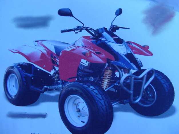 A 4-STROKE TWIN CYLINDER 233.8CC ROAD QUAD.  IT FEATURES A CDI INGNITION SYSTEM, BATTERY, ELECTRIC STARTING SYSTEM, PRIMARY REDUCTION TRANSMISSION, WET, MULTI-BLADE CLUTCH SYSTEM, TWIN DISC FRONT BRAKE, SINGLE DISC REAR BRAKE, DOUBLE WISHBONE FRONT SUSPENSION, SWING ARM REAR SUSPENSION, COUIL SPRING FRONT AND REAR SHOCK ABSORBERS AND USES UNLEADED PETROL.  DIMENSIONS 180 X 1085 X 645 MM.