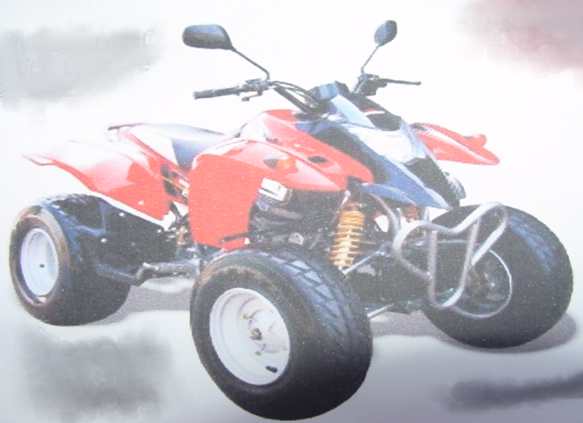 A 4-STROKE SINGLE CYLINDER 199 CC ROAD QUAD.  IT FEATURES ELECTRIC START, STEEL TUBE FRAME, TWIN DISC FRONT BRAKE, SINGLE DISC REAR BRAKE, UNLEADED PETROL, DOUBLE WISHBONE FRONT SUSPENSION, SWING ARM REAR SUSPENSION, COIL SPRING FRONT AND REAR SHOCK ABSORBERS, BATTERY, 21 X 7-10 FRONT 21 X 10.8 REAR TYRES.  WEIGHT 174KG AND DIMENSIONS, 1800 X 1085 X 645 MM.